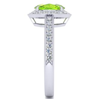 1 1/2 Carat Oval Shape Peridot and Halo Diamond Ring In 14 Karat White Gold