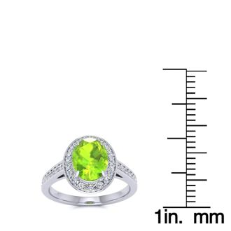 1 1/2 Carat Oval Shape Peridot and Halo Diamond Ring In 14 Karat White Gold