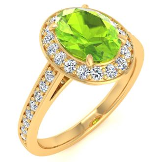 1 1/2 Carat Oval Shape Peridot and Halo Diamond Ring In 14 Karat Yellow Gold