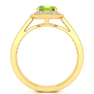 1 1/2 Carat Oval Shape Peridot and Halo Diamond Ring In 14 Karat Yellow Gold