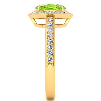 1 1/2 Carat Oval Shape Peridot and Halo Diamond Ring In 14 Karat Yellow Gold