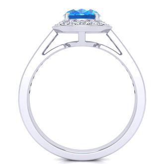 1 3/4 Carat Oval Shape Blue Topaz and Halo Diamond Ring In 14 Karat White Gold
