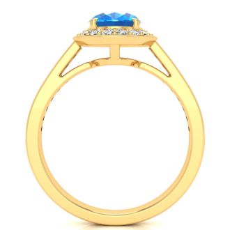 1 3/4 Carat Oval Shape Blue Topaz and Halo Diamond Ring In 14 Karat Yellow Gold