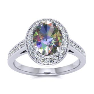 1-3/4 Carat Oval Shape Mystic Topaz Ring With Diamond Halo In 14 Karat White Gold