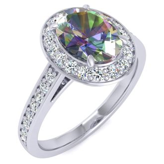 1 3/4 Carat Oval Shape Mystic Topaz and Halo Diamond Ring In 14 Karat White Gold