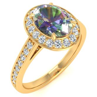 1-3/4 Carat Oval Shape Mystic Topaz Ring With Diamond Halo In 14 Karat Yellow Gold