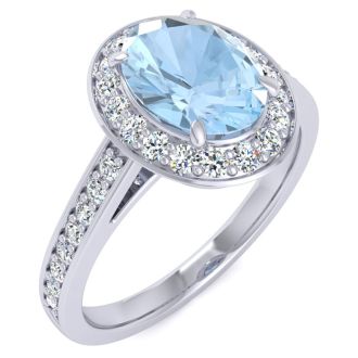 Aquamarine Ring: Aquamarine Jewelry: 1 1/2 Carat Oval Shape Aquamarine and Halo Diamond Ring In 14 Karat White Gold