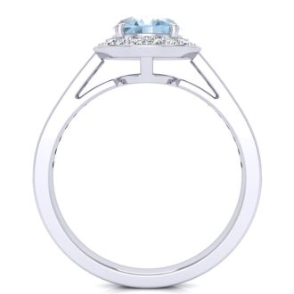 Aquamarine Ring: Aquamarine Jewelry: 1 1/2 Carat Oval Shape Aquamarine and Halo Diamond Ring In 14 Karat White Gold