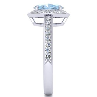 1 1/2 Carat Oval Shape Aquamarine and Halo Diamond Ring In 14 Karat White Gold