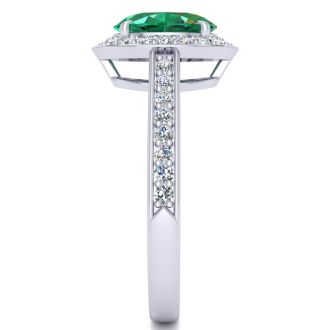 1 1/2 Carat Oval Shape Emerald and Halo Diamond Ring In 14 Karat White Gold