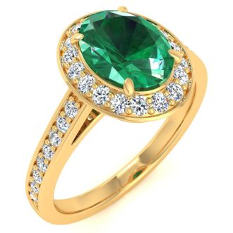 1 1/2 Carat Oval Shape Emerald and Halo Diamond Ring In 14 Karat Yellow Gold