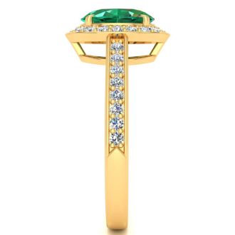 1 1/2 Carat Oval Shape Emerald and Halo Diamond Ring In 14 Karat Yellow Gold