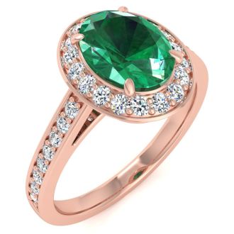 1 1/2 Carat Oval Shape Emerald and Halo Diamond Ring In 14 Karat Rose Gold