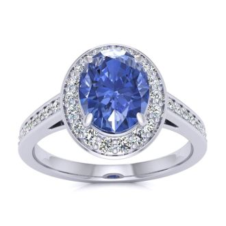 1 1/2 Carat Oval Shape Tanzanite and Halo Diamond Ring In 14 Karat White Gold