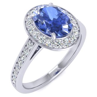 1 1/2 Carat Oval Shape Tanzanite and Halo Diamond Ring In 14 Karat White Gold