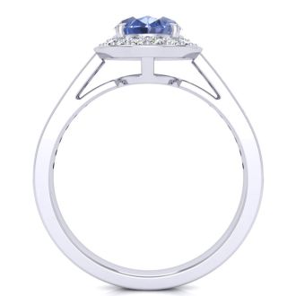 1 1/2 Carat Oval Shape Tanzanite and Halo Diamond Ring In 14 Karat White Gold
