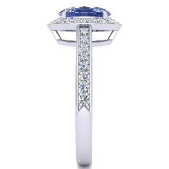 1 1/2 Carat Oval Shape Tanzanite and Halo Diamond Ring In 14 Karat White Gold