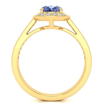 1 1/2 Carat Oval Shape Tanzanite and Halo Diamond Ring In 14 Karat Yellow Gold