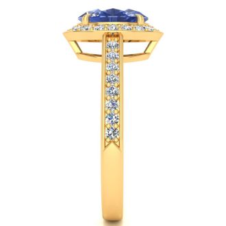 1 1/2 Carat Oval Shape Tanzanite and Halo Diamond Ring In 14 Karat Yellow Gold
