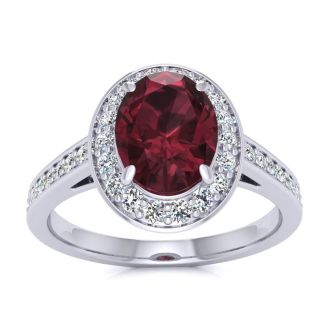 Garnet Ring: Garnet Jewelry: 1 3/4 Carat Oval Shape Garnet and Halo Diamond Ring In 14 Karat White Gold