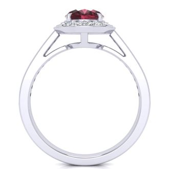 Garnet Ring: Garnet Jewelry: 1 3/4 Carat Oval Shape Garnet and Halo Diamond Ring In 14 Karat White Gold