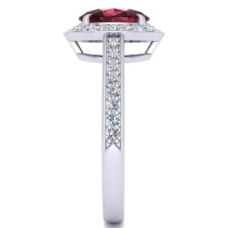 Garnet Ring: Garnet Jewelry: 1 3/4 Carat Oval Shape Garnet and Halo Diamond Ring In 14 Karat White Gold