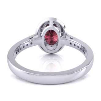 Garnet Ring: Garnet Jewelry: 1 3/4 Carat Oval Shape Garnet and Halo Diamond Ring In 14 Karat White Gold