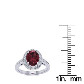 Garnet Ring: Garnet Jewelry: 1 3/4 Carat Oval Shape Garnet and Halo Diamond Ring In 14 Karat White Gold