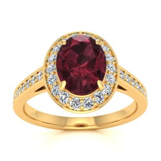 Garnet Ring: Garnet Jewelry: 1 3/4 Carat Oval Shape Garnet and Halo Diamond Ring In 14 Karat Yellow Gold