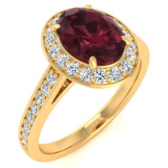 Garnet Ring: Garnet Jewelry: 1 3/4 Carat Oval Shape Garnet and Halo Diamond Ring In 14 Karat Yellow Gold