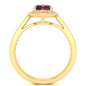 1 3/4 Carat Oval Shape Garnet and Halo Diamond Ring In 14 Karat Yellow Gold