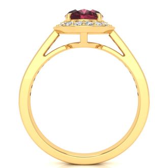 Garnet Ring: Garnet Jewelry: 1 3/4 Carat Oval Shape Garnet and Halo Diamond Ring In 14 Karat Yellow Gold
