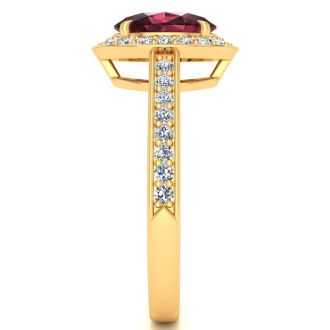 Garnet Ring: Garnet Jewelry: 1 3/4 Carat Oval Shape Garnet and Halo Diamond Ring In 14 Karat Yellow Gold