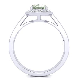 1 1/3 Carat Oval Shape Green Amethyst and Halo Diamond Ring In 14 Karat White Gold