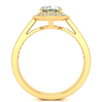 1 1/3 Carat Oval Shape Green Amethyst and Halo Diamond Ring In 14 Karat Yellow Gold