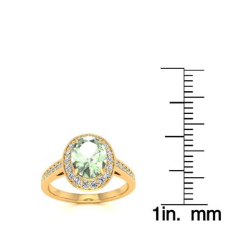 1 1/3 Carat Oval Shape Green Amethyst and Halo Diamond Ring In 14 Karat Yellow Gold