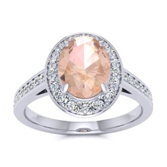 1-1/2 Carat Oval Shape Morganite and Halo Diamond Ring In 14 Karat White Gold