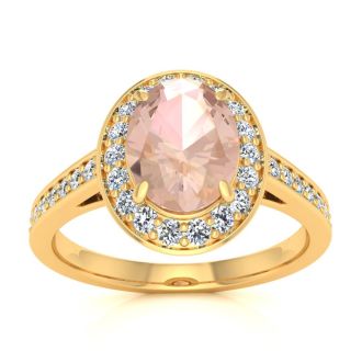 1-1/2 Carat Oval Shape Morganite and Halo Diamond Ring In 14 Karat Yellow Gold