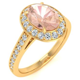 1-1/2 Carat Oval Shape Morganite and Halo Diamond Ring In 14 Karat Yellow Gold
