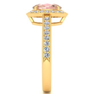 1-1/2 Carat Oval Shape Morganite and Halo Diamond Ring In 14 Karat Yellow Gold