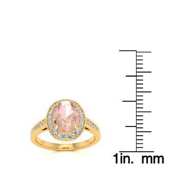 1 1/2 Carat Oval Shape Morganite and Halo Diamond Ring In 14 Karat Yellow Gold