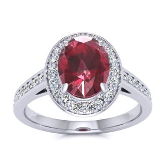 1 3/4 Carat Oval Shape Ruby and Halo Diamond Ring In 14 Karat White Gold