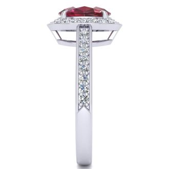 1 3/4 Carat Oval Shape Ruby and Halo Diamond Ring In 14 Karat White Gold