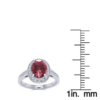 1 3/4 Carat Oval Shape Ruby and Halo Diamond Ring In 14 Karat White Gold