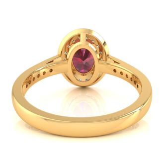 1 3/4 Carat Oval Shape Ruby and Halo Diamond Ring In 14 Karat Yellow Gold