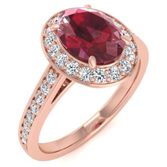 1 3/4 Carat Oval Shape Ruby and Halo Diamond Ring In 14 Karat Rose Gold