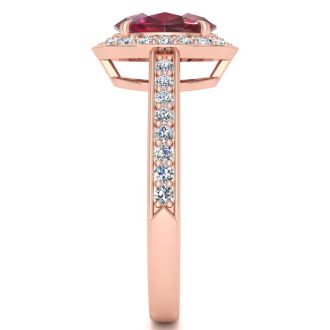 1 3/4 Carat Oval Shape Ruby and Halo Diamond Ring In 14 Karat Rose Gold