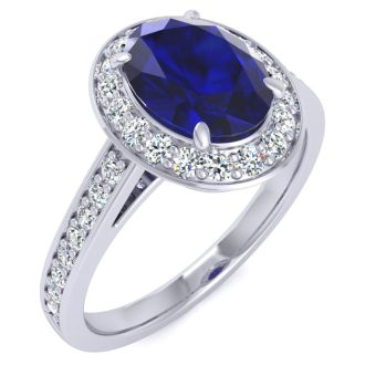 1 3/4 Carat Oval Shape Sapphire and Halo Diamond Ring In 14 Karat White Gold