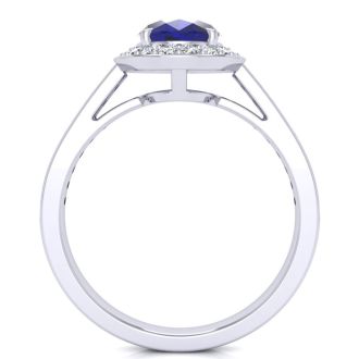 1 3/4 Carat Oval Shape Sapphire and Halo Diamond Ring In 14 Karat White Gold