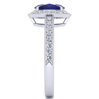 1 3/4 Carat Oval Shape Sapphire and Halo Diamond Ring In 14 Karat White Gold
